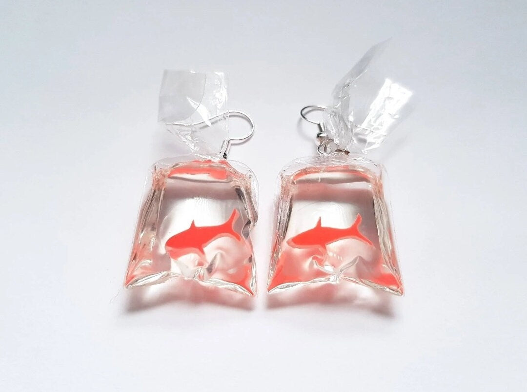 Goldfish Earrings, Goldfish in a Bag Earrings, Orange Fish Earrings, Silly Earrings, Odd Earrings, Weird Earrings, Bespoke Earrings