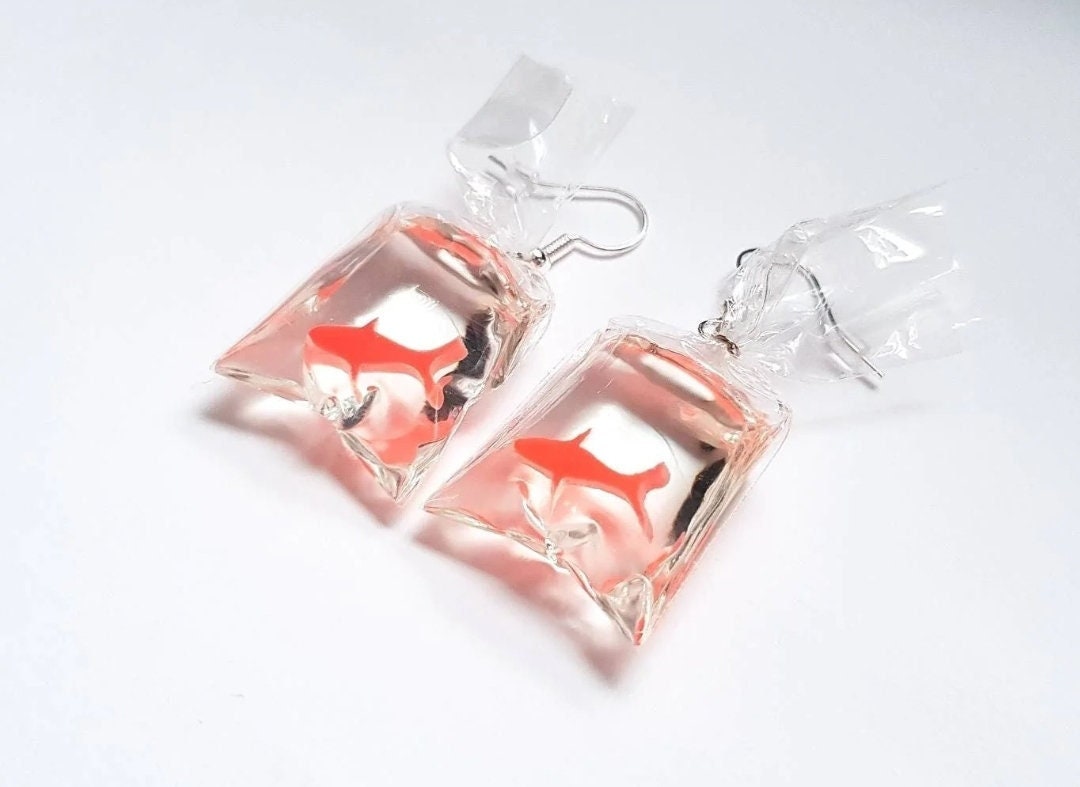 Goldfish Earrings, Goldfish in a Bag Earrings, Orange Fish Earrings, Silly Earrings, Odd Earrings, Weird Earrings, Bespoke Earrings