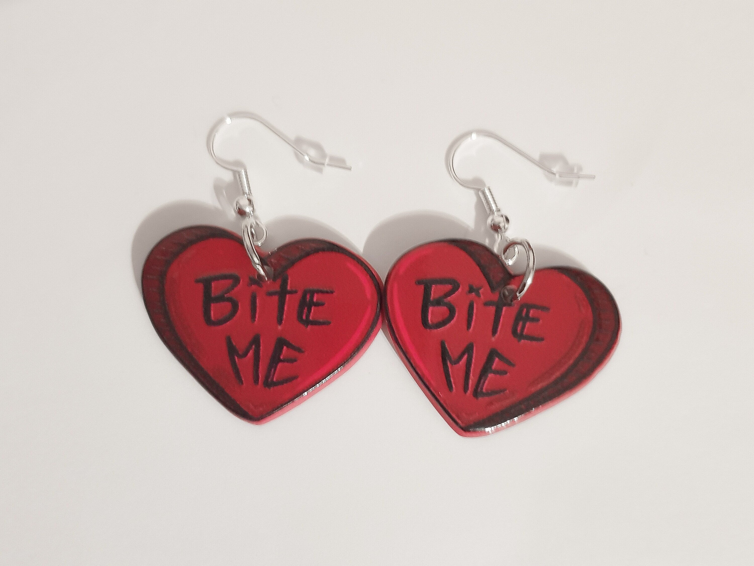Bite Me Earrings, Punk Heart Earrings, Pastel Goth Earrings, Sassy Earrings, Pastel Goth Jewellery, Alternative Earrings, Unusual Earrings