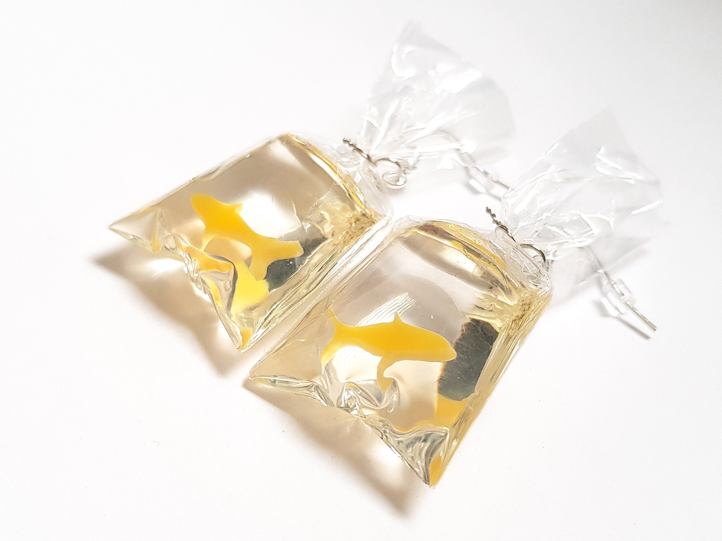 Goldfish Earrings, Goldfish in a Bag Earrings, Yellow Fish Earrings, Silly Earrings, Odd Earrings, Weird Earrings, Bespoke Earrings