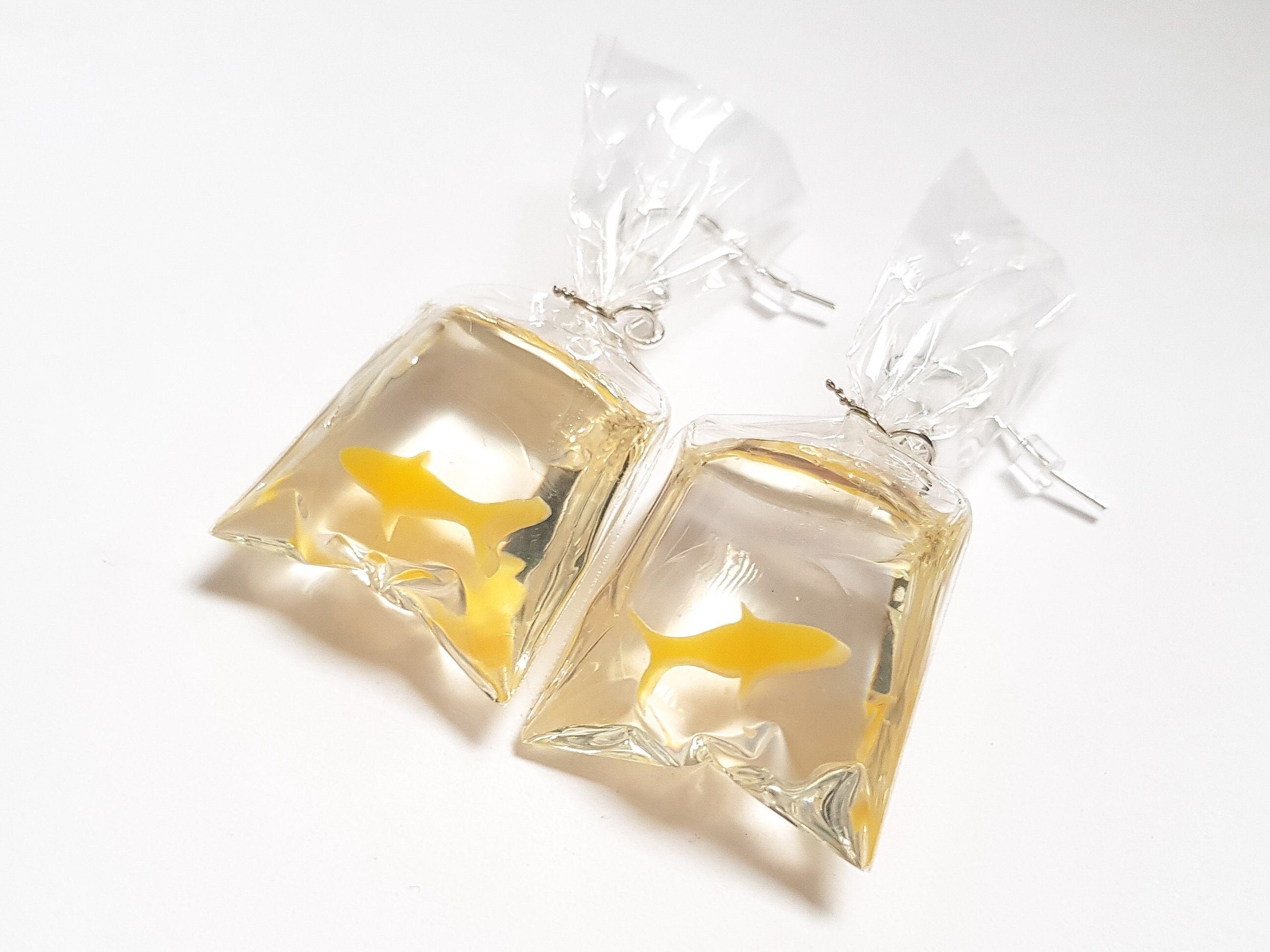Goldfish Earrings, Goldfish in a Bag Earrings, Yellow Fish Earrings, Silly Earrings, Odd Earrings, Weird Earrings, Bespoke Earrings