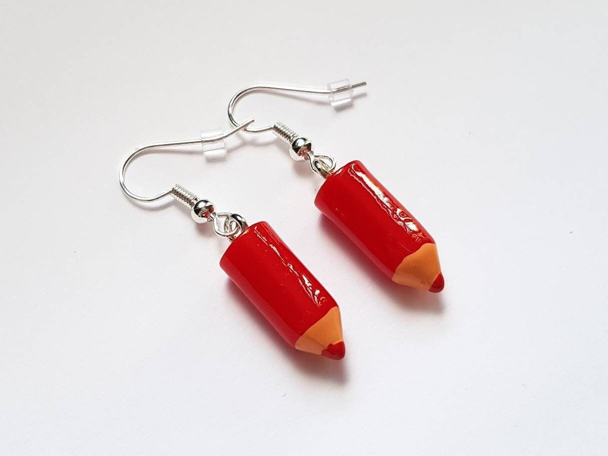 Pencil Earrings Red, Crayon Earrings, Pen Earrings, School Earrrings, Artist Earrings, Teacher Earrings, Weird Earrings, Funny Earrings