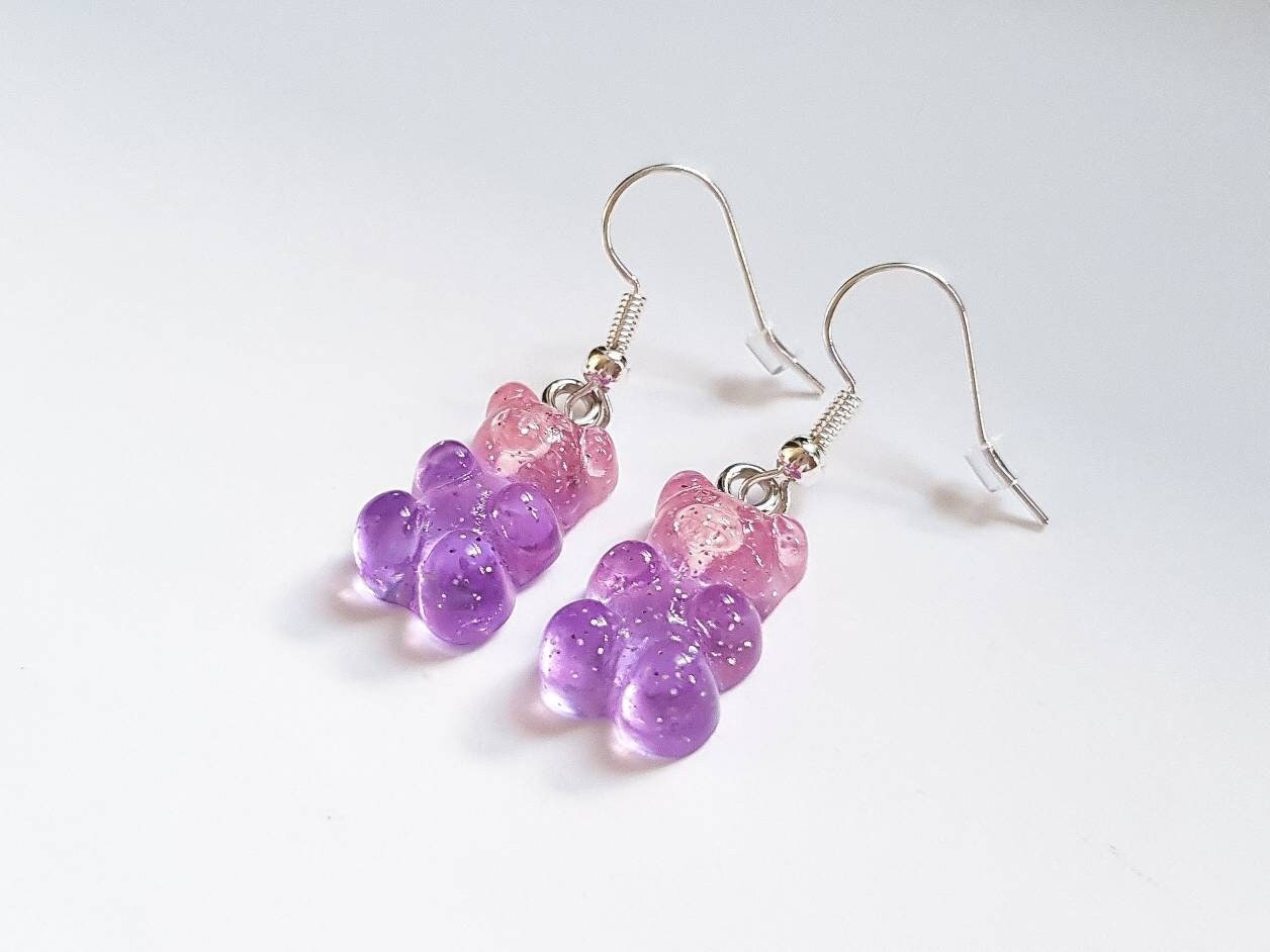 Pink & Purple Gummy Bear Earrings, Sweet Earrings, Mini Food Earrings, Bespoke Earrings, Candy Earrings, Weird Earrings, Funny Earrings