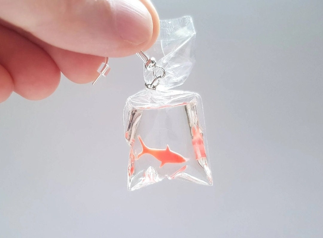 Goldfish Earrings, Goldfish in a Bag Earrings, Orange Fish Earrings, Silly Earrings, Odd Earrings, Weird Earrings, Bespoke Earrings