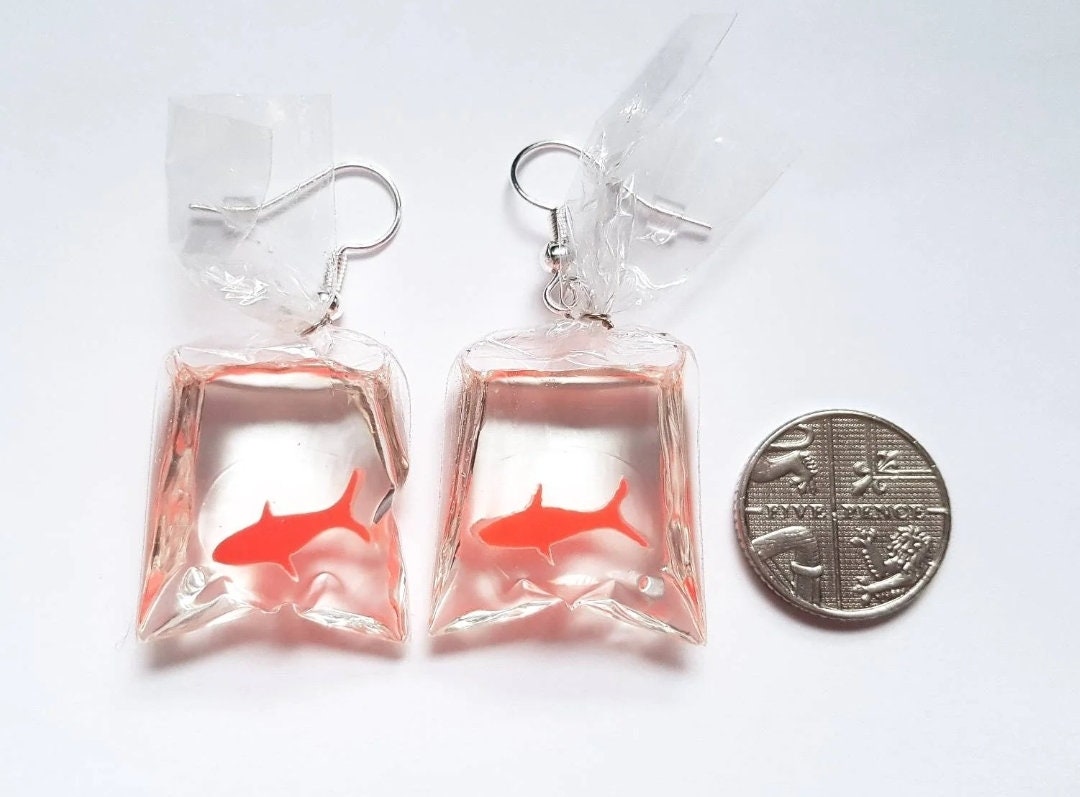 Goldfish Earrings, Goldfish in a Bag Earrings, Orange Fish Earrings, Silly Earrings, Odd Earrings, Weird Earrings, Bespoke Earrings