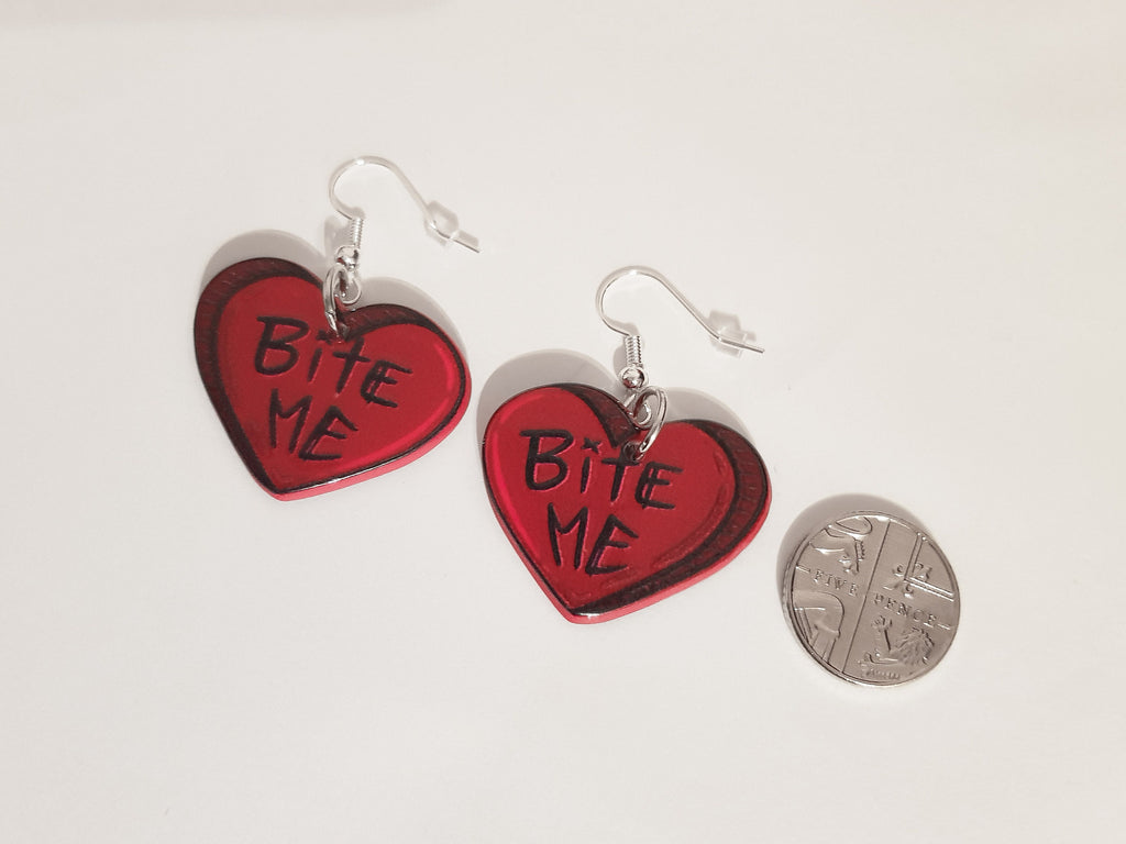 Bite Me Earrings, Punk Heart Earrings, Pastel Goth Earrings, Sassy Earrings, Pastel Goth Jewellery, Alternative Earrings, Unusual Earrings