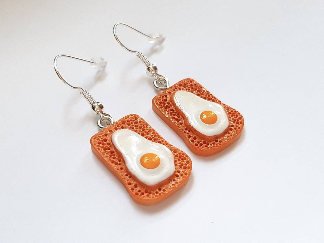Egg on Toast Earrings, Fried Egg Earrings, Mini Food Earrings, Breakfast Earrings, Miniature Food Earrings, Weird Earrings, Odd Earrings