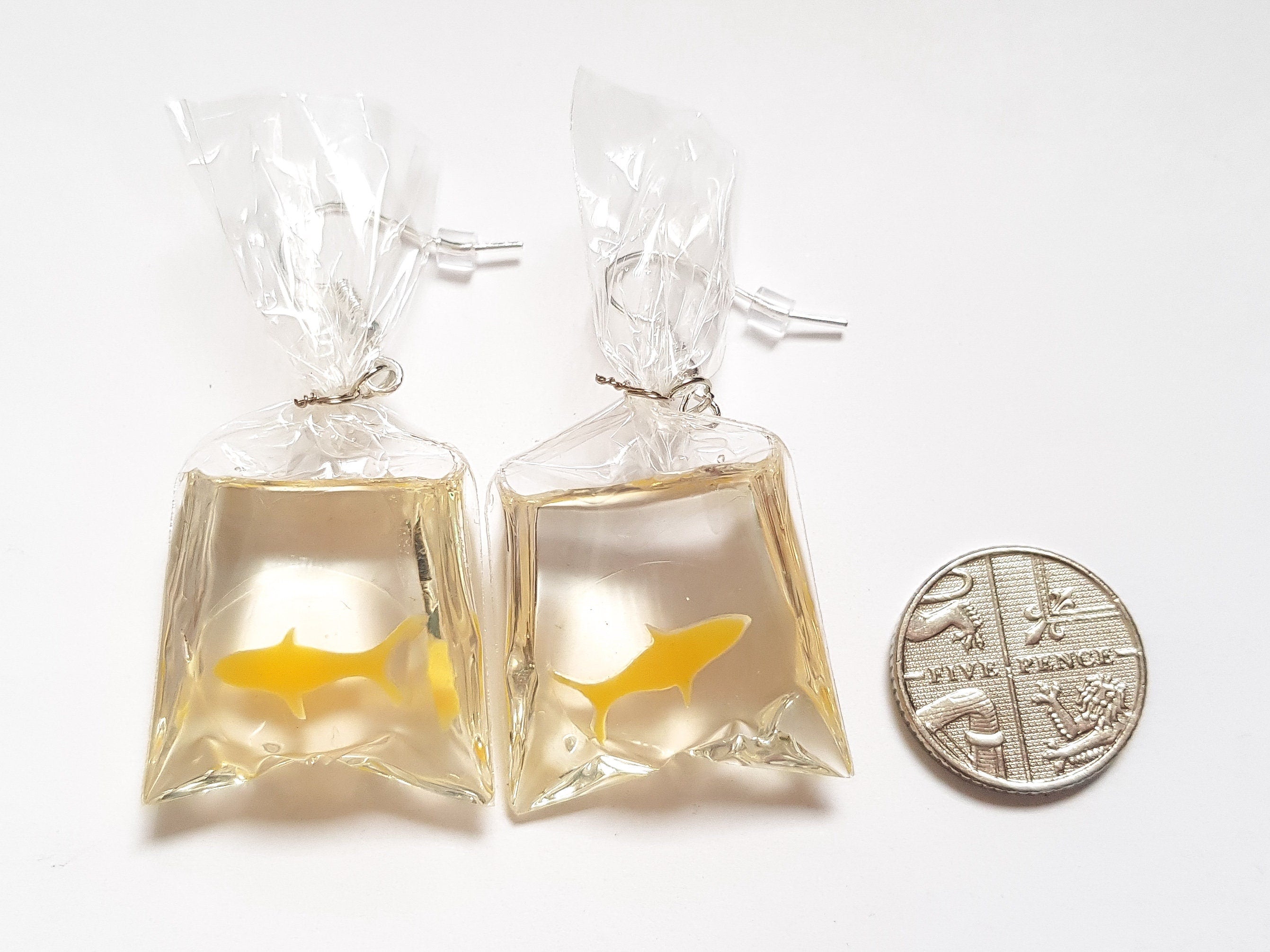 Goldfish Earrings, Goldfish in a Bag Earrings, Yellow Fish Earrings, Silly Earrings, Odd Earrings, Weird Earrings, Bespoke Earrings