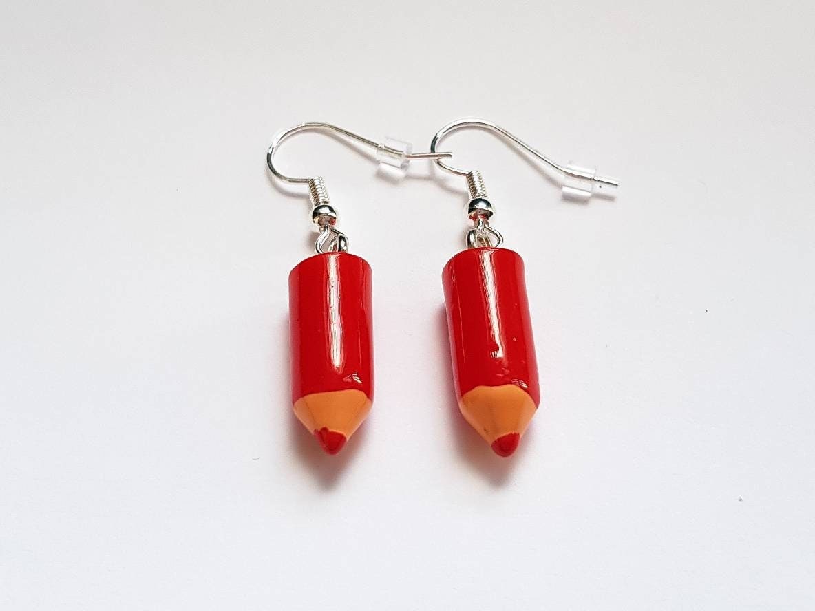 Pencil Earrings Red, Crayon Earrings, Pen Earrings, School Earrrings, Artist Earrings, Teacher Earrings, Weird Earrings, Funny Earrings