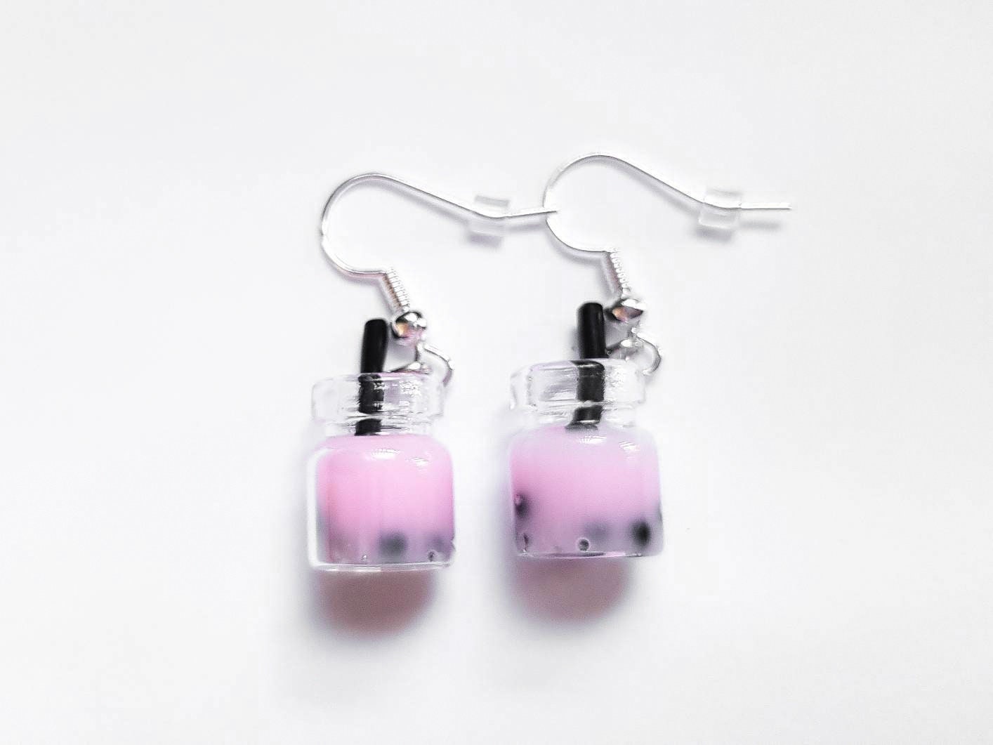 Pink Boba Tea Earrings, Bubble Tea Earrings, Boba Earrings, Tea Earrings, Cup Earrings, Fun Party Earrings, Novelty Earrings, Weird Earrings