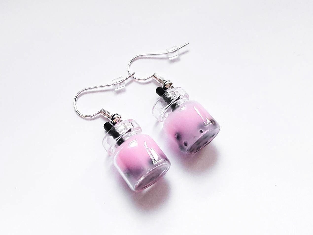 Pink Boba Tea Earrings, Bubble Tea Earrings, Boba Earrings, Tea Earrings, Cup Earrings, Fun Party Earrings, Novelty Earrings, Weird Earrings